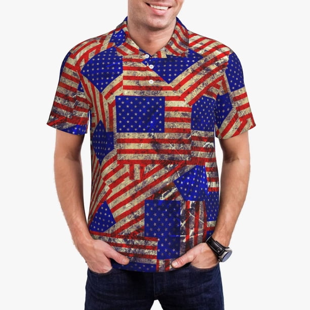Fotbe Vintage USA Flag Camiseta Polo de Golf para Hombre con Estampado – Camisa Deportiva Transpirable con Cuello Abotonado-Large