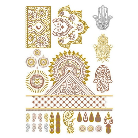 Tattify Metallic Hamsa And Indian Handpiece Temporary Tattoo - Indian Princess Sheet 2 (Set of 1 sheet)