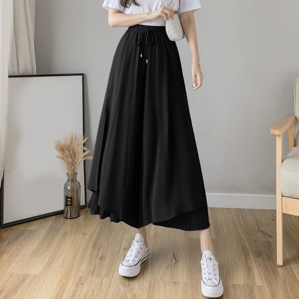 WILLBEST Pantalones elegantes de Gasa Plisada con Pierna Ancha y Cintura Alta para Mujer, Falda de Nueve Puntos, para Uso Informal. Mediana