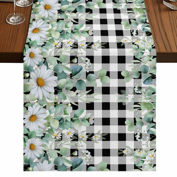 Table Runners 60 Inches Long Dress Scarves, Green Eucalyptus Leaves Farmhouse Kitchen Table Runner, Small Coffee Tablerunners, Summer Botanical Daisy Black Plaid 13x60 Inch