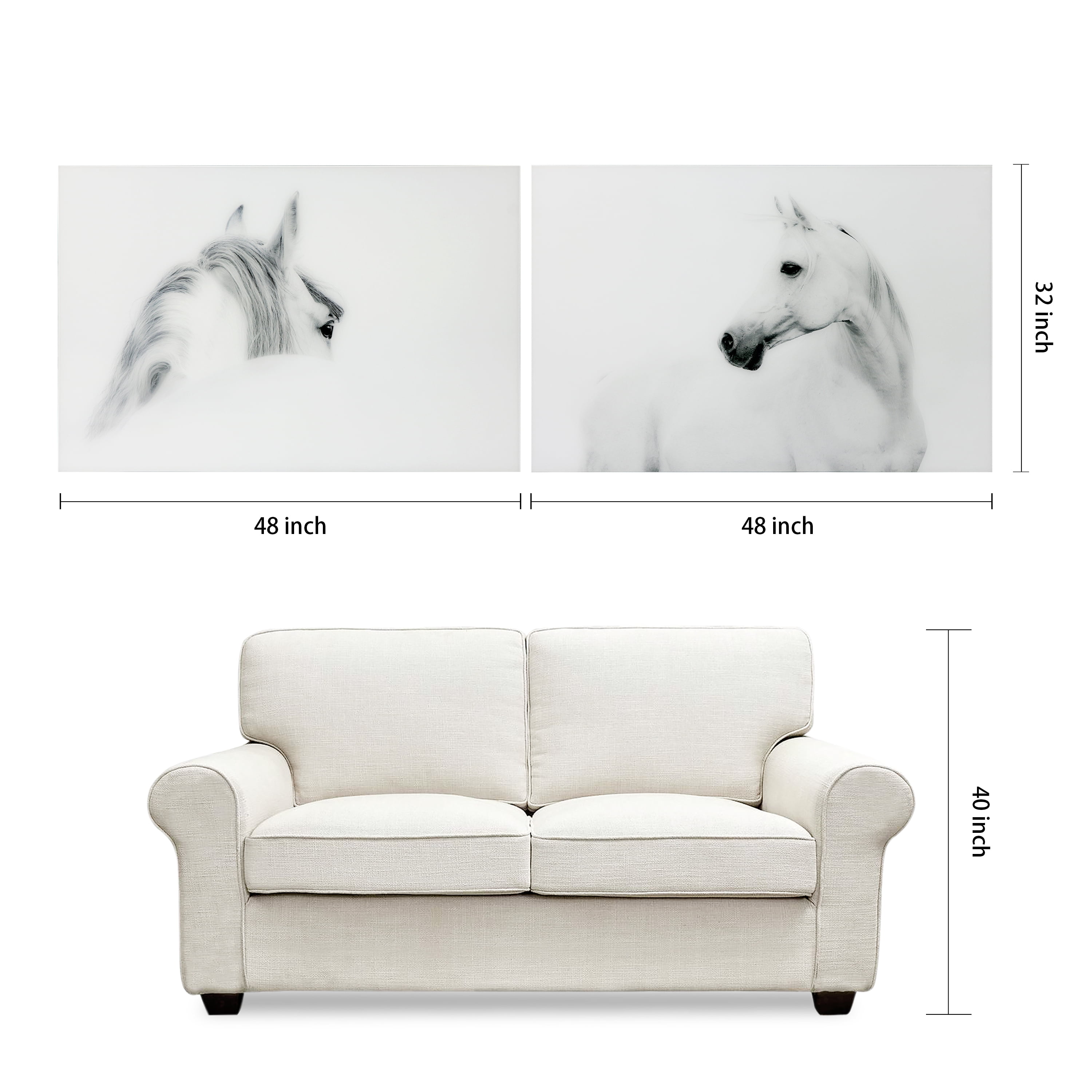 Empire Art Direct White Horses Set Frameless Free Floating Tempered Glass Panel Graphic Wall Art, 48" x 32" each, Ready to Hang
