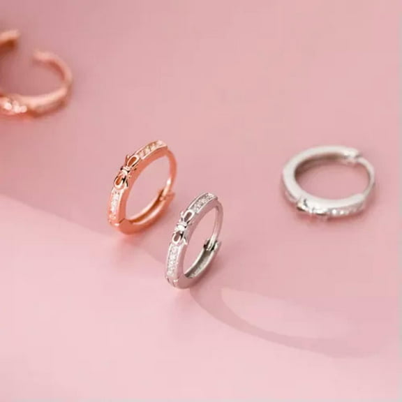 EOEMY Genuine 925 Sterling Silver Solid Bow Deco Hoop Huggie Earrings Ear Piercing-Rose Gold