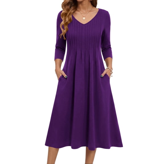 Zeagoo 3/4 Sleeve Women's Dress Pleated Midi Dresses Floral T Shirt Dress with Pockets Casual Flowy A-Line Dresses
