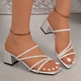 thumbnail image 5 of hoksml Women Multi Rhinestone Strap Block Heel Square Toe Slide Sandals Open Toe PU Slip On Summer Dress Shoes, 5 of 9
