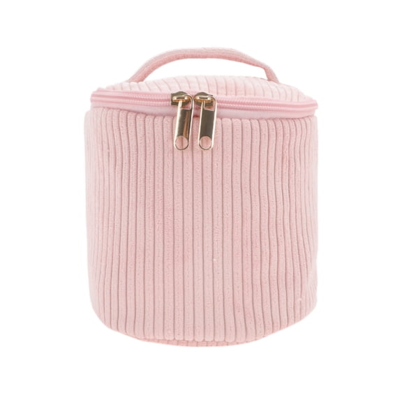 Unique Bargains 1 Pc Organizational Cylinder Stripes Makeup Bag for Travel Pink Corduroy