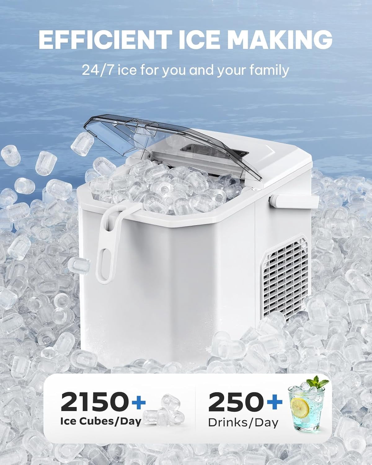 Ice Maker Countertop Machine with Handle, 26lbs in 24h, 9 Ice Cubes Ready in 6 Mins, Self-Cleaning Ice Makers with Basket and Scoop, Ideal for Home, Kitchen, Camping, RV