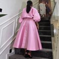 thumbnail image 3 of Women Luxury Pink Satin Maxi Dress Stand Turtleneck Lantern Sleeve High Waist Flowy Floor Length Gown, 3 of 3
