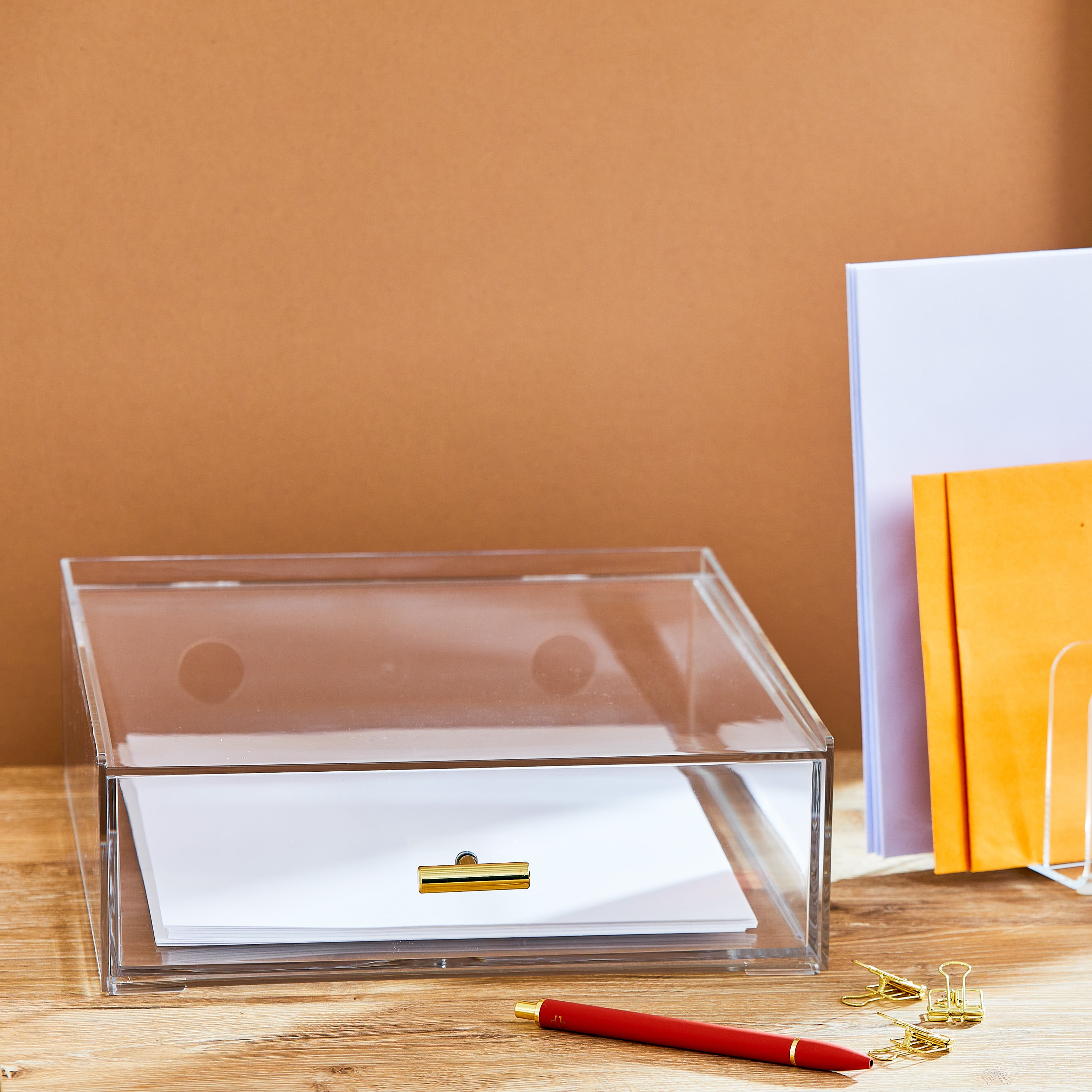 Pen+Gear Acrylic Paper Tray with Drawer, 3.54 in x 10.47 in x 13.5 in, Clear