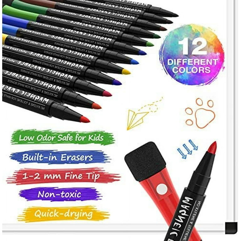 Fine Point Magnetic Dry Erase Marker for Kids Whiteboard Markers Capped  Board Markers with Eraser Washable,12 Colors 
