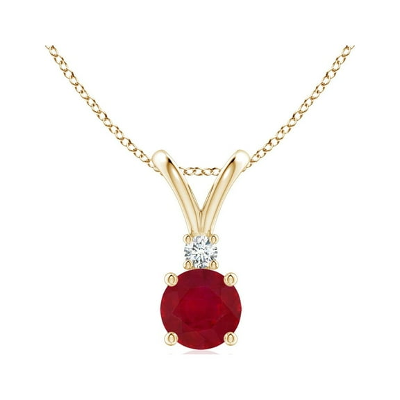 ANGARA Natural Round Ruby Solitaire V-Bale Pendant with Diamond in 14K Yellow Gold for Women (Size-5mm) | July Birthstone, Birthday, Anniversary, Jewelry Gift for Women | Natural Ruby Necklace