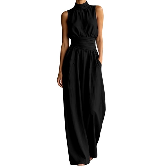 Women's Sleeveless Neck Wide Leg Jumpsuit Summer Casual Flowy Long Pant Solid Piece Black L