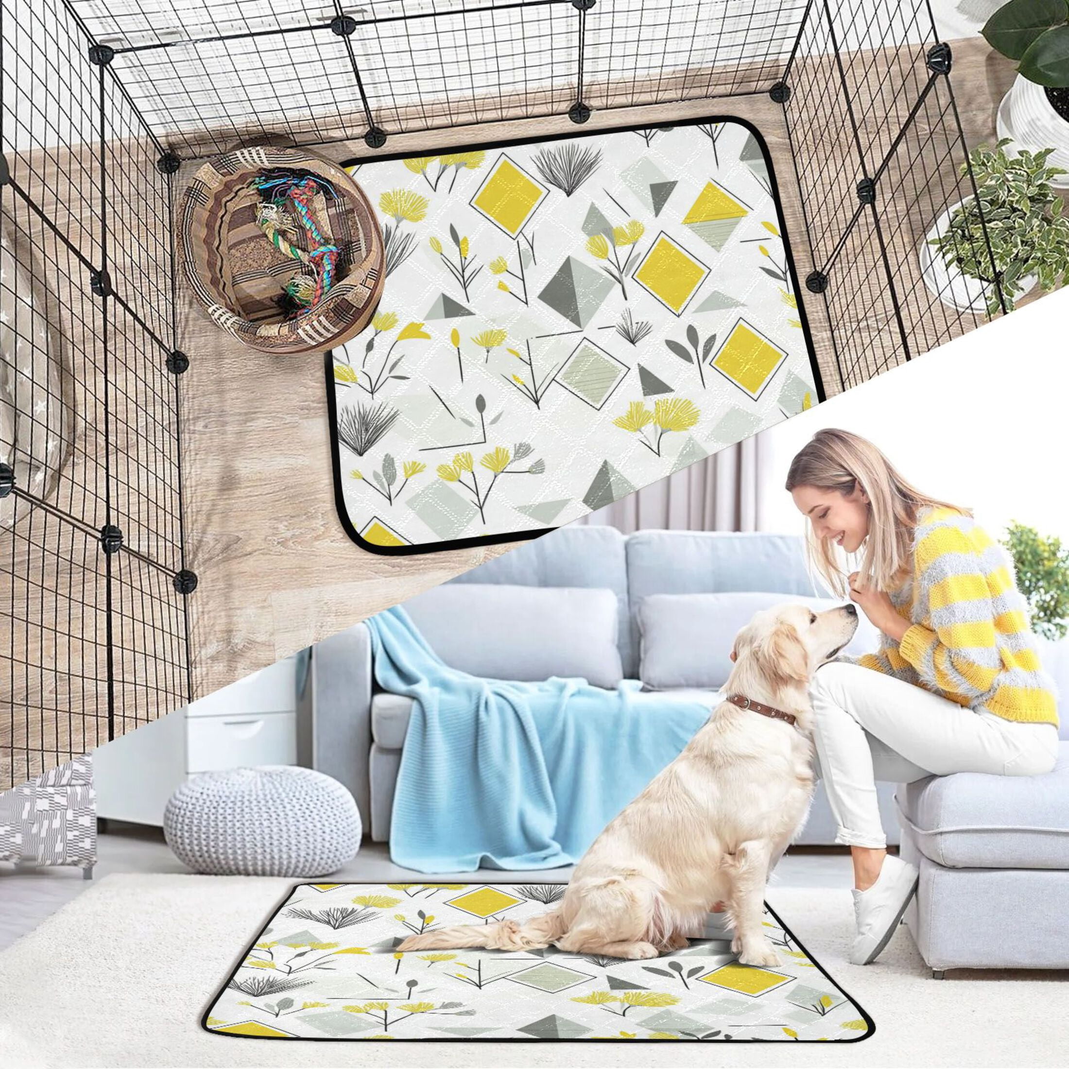 Washable Pet Pee Pads with Super Absorbent Reusable Training Pads for Dogs & Cats Yellow and Gray Geometric