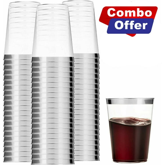 VeZee Silver Rimmed, Clear, Hard Plastic Tumbler Cups - 10 oz - Safe, Durable, Disposable, Recyclable and Reusable - Good For Every Occasion and Multipurpose Usage:50CT