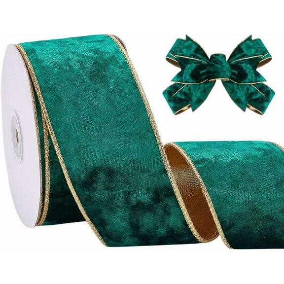 2-1/2 Inch Wide Velvet Wired Ribbon 10 Yards Green Ribbon with Gold Back Christmas Craft Ribbons Gift Wrapping Ribbons for Wreath Making Christmas Trees Party Home Decoration