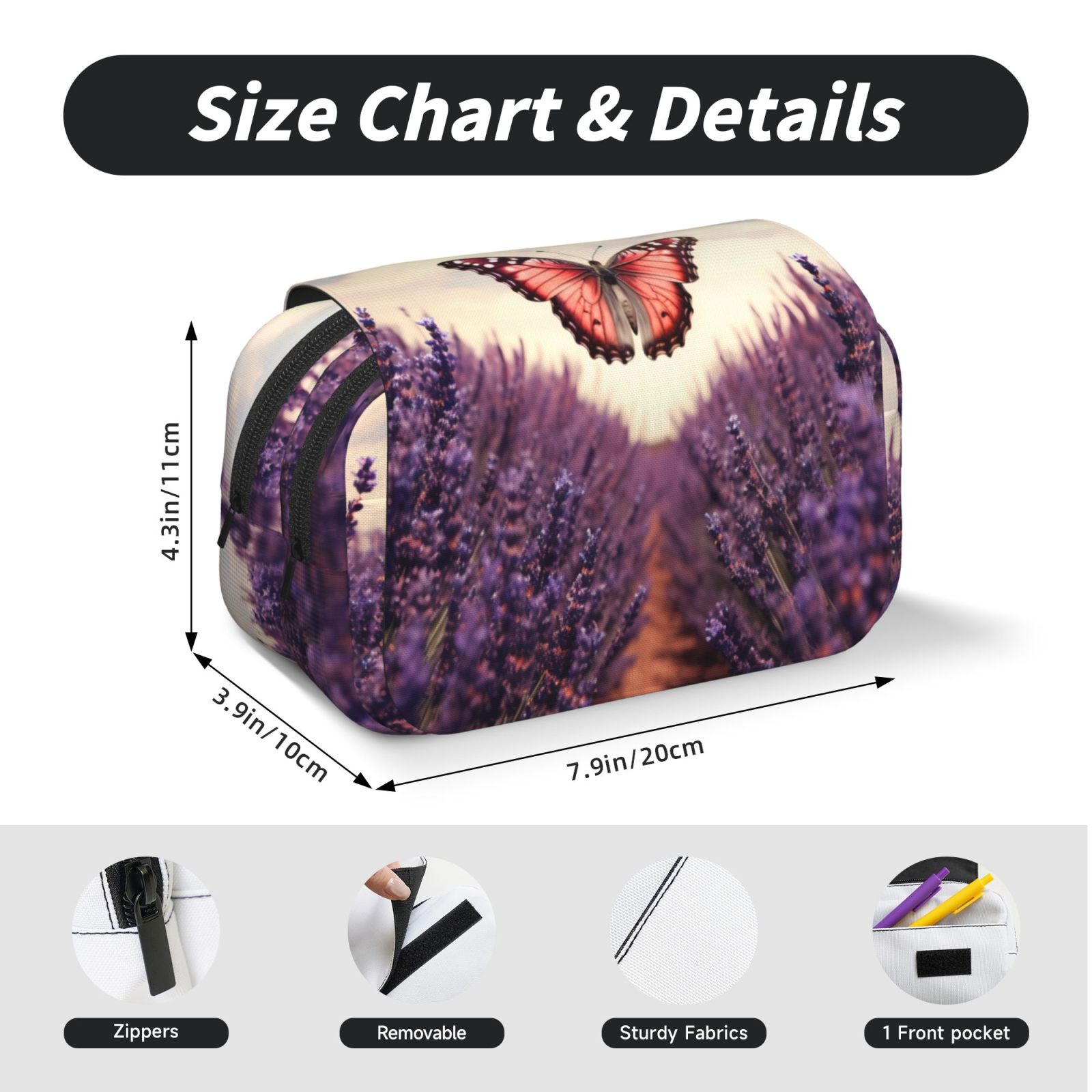 Rateoe Butterfly Over Lavender Pattern Double Clamshell Pen Case, Storage Organizer with Two Zipper Compartments– Holds Up to 50 Pencils & Pens