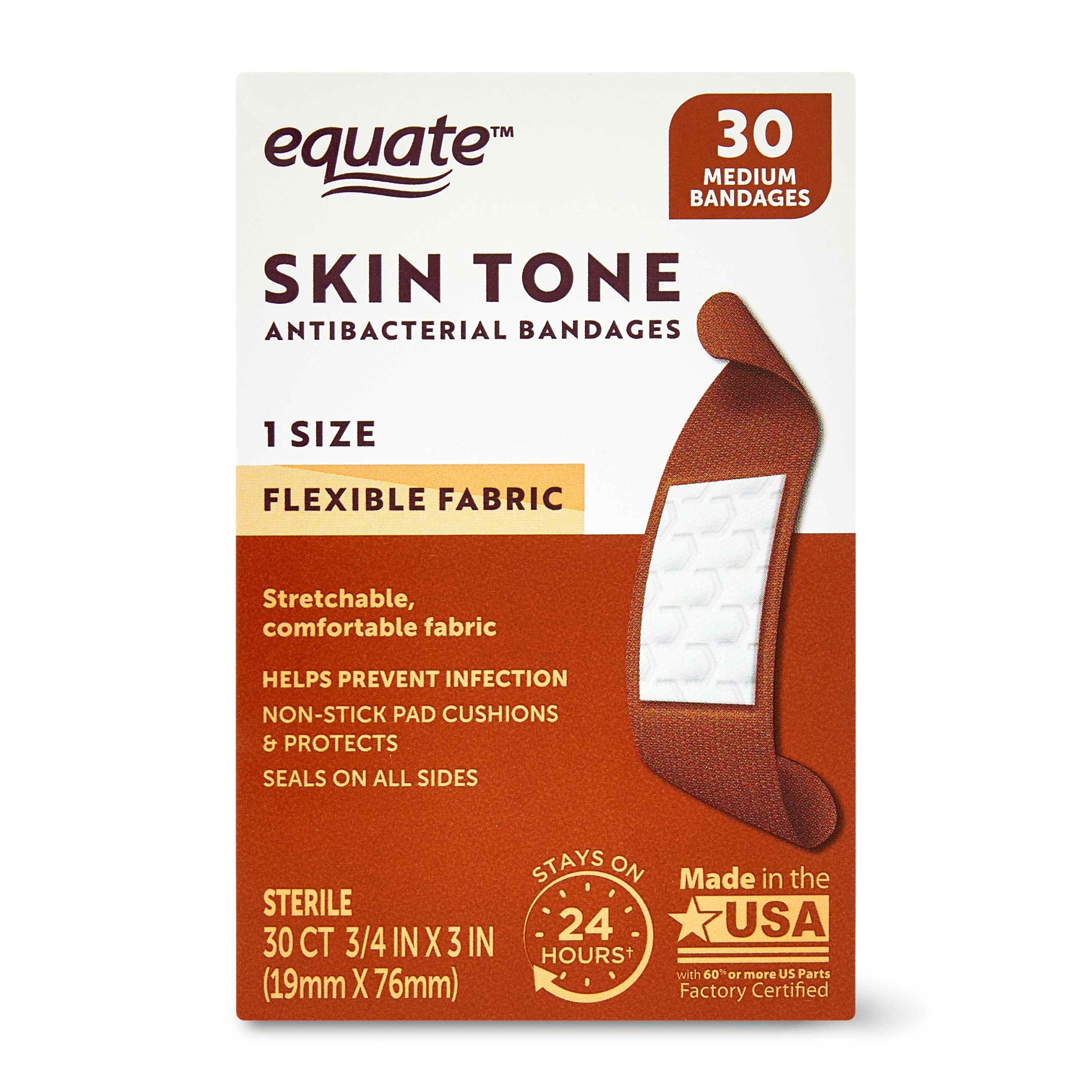 Equate Skin Tone Antibacterial Flexible Fabric Bandages, Medium, 30 Count