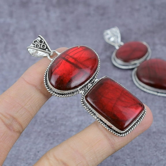 Red Labradorite Handmade 925 Sterling Silver Jewelry Pendant 2.96"