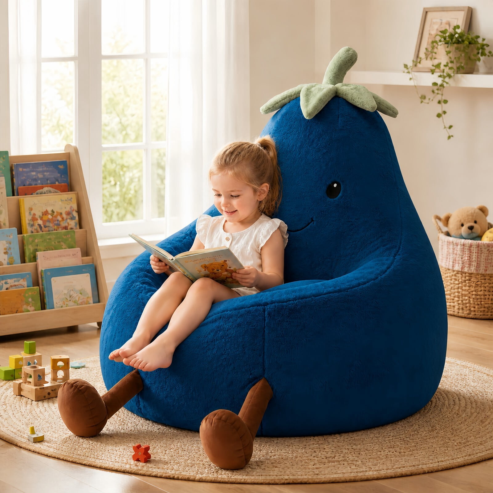 Kelno 31" Kids Bean Bag Chair Faux Rabbit Fur Lazy Chair Toddler Couch, Dark Blue
