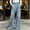 Light Blue, variant on Women's Cute Ruffle Detail Denim Pants High Waisted Wide Leg Wrap Waist Design Asymmetrical Front Printed Denim Look A Line Bottoms with Pockets