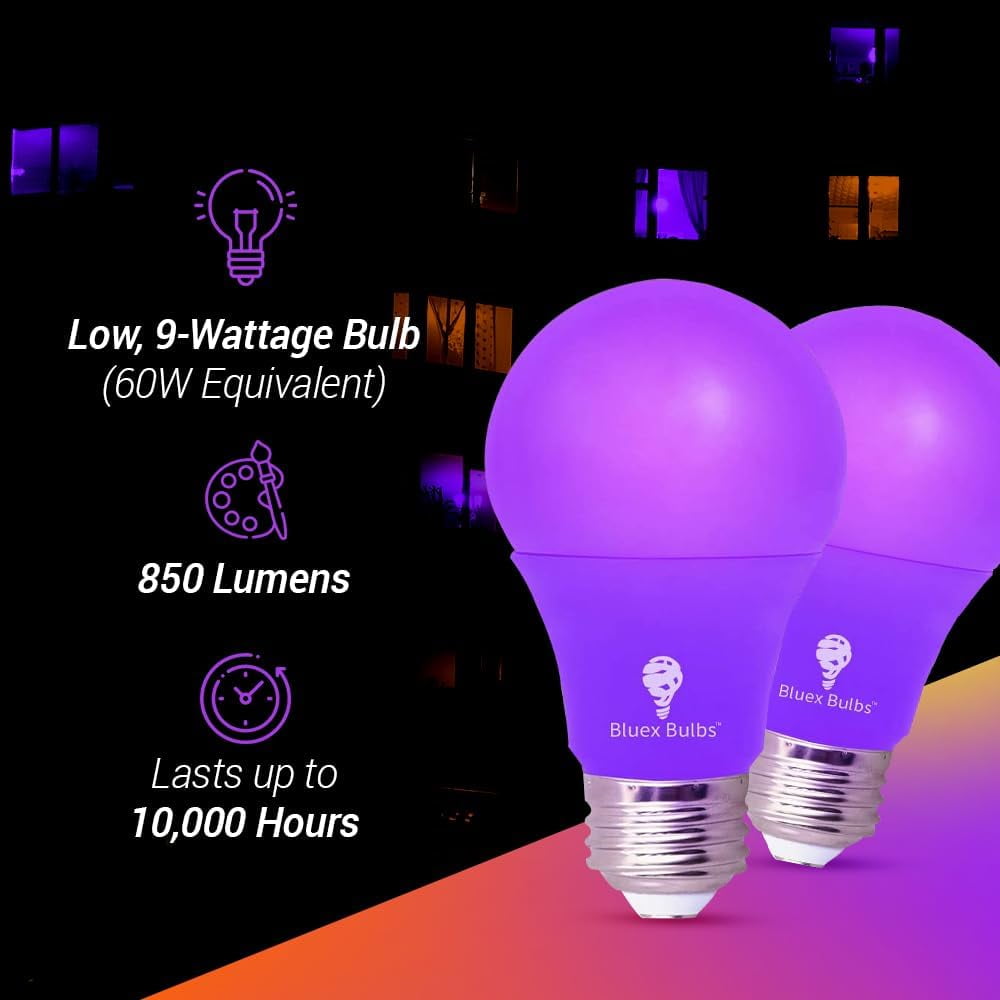 BlueX LED A19 Purple Light Bulb 2 Pack - 9W, E26 Base, Indoor