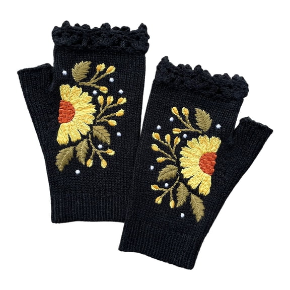 MEICHEN Women's Knitted Fingerless Gloves Sunflower Embroidery Arm Warmers Half‑Finger Winter Gloves for Runing Biking Driving