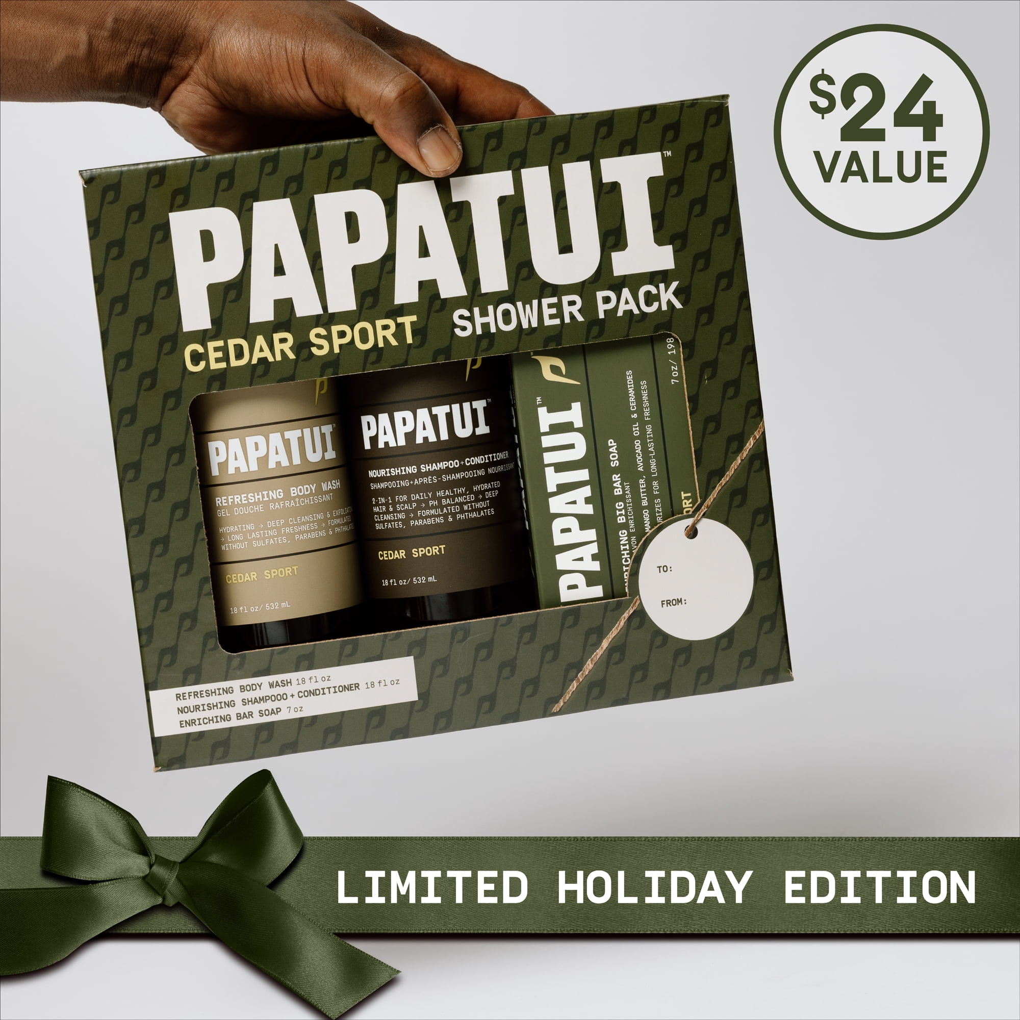 Papatui Holiday Gift Set, Men's Care Shower Pack, Shampoo Conditioner, Body Wash, Big Bar Soap,  Cedar Sport Scent, Full Sizes, Limited Edition