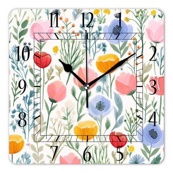 14 Inch Wall Clock Battery Operated Square Clock Decorative for Office, Kitchen, Outdoor, Living Room,Elegant Floral Colorful Flowers Beautiful