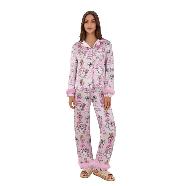 Pyjama Maman et Moi Imprimé Père Noël Manches Longues Col à Revers Hauts Pantalons
