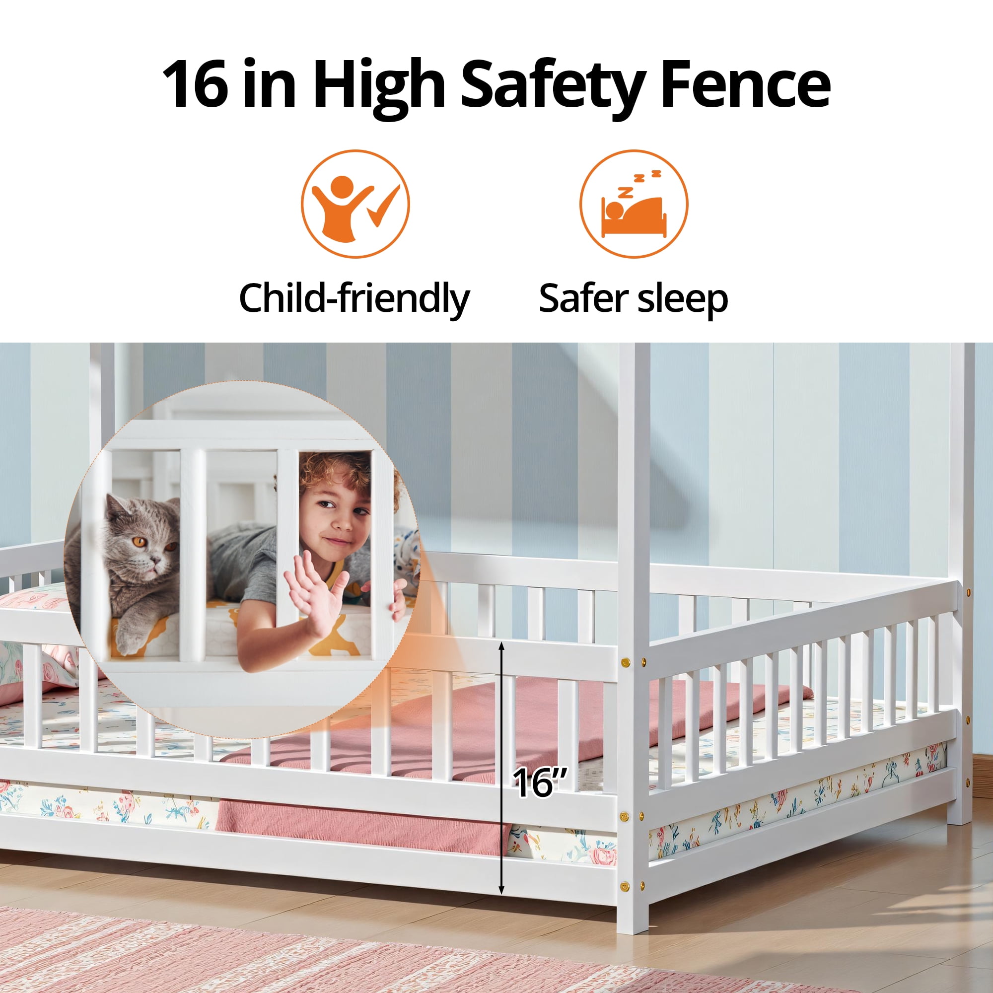 Full Size Floor Bed with Fence Guardrails for Kids, Montessori Bed Playhouse Bed with Roof, No Slats Included (White)