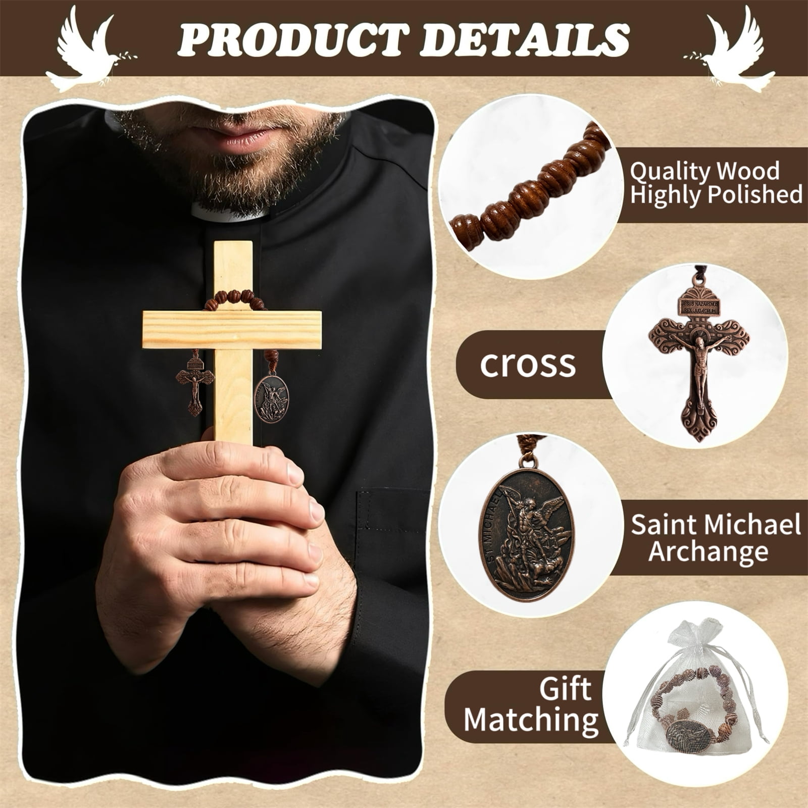 25PCS Baptism Favor Saint Michael Archange Pocket Rosary with Organza Bags, Handmade Wooden Beads Cross Necklace, Catholic Christian Prayer Gift