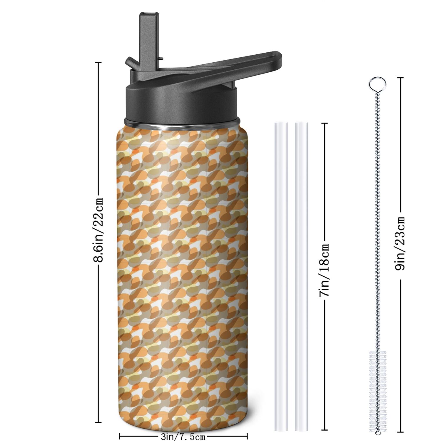 Leopard Print Insulated Stainless Steel Water Bottle with Straw & Cleaning Brush – 18 Oz | Leakproof, BPA-Free, 304 Stainless Steel, Wide Mouth, Travel Mug for Car, Gym, Office