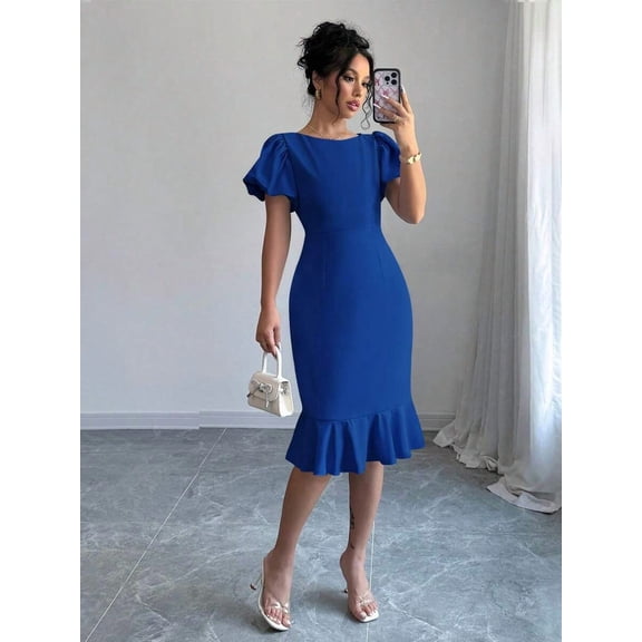 Royal Blue Women Solid Color Round Neck Petal Sleeve Ruffle Hem Midi Dress
