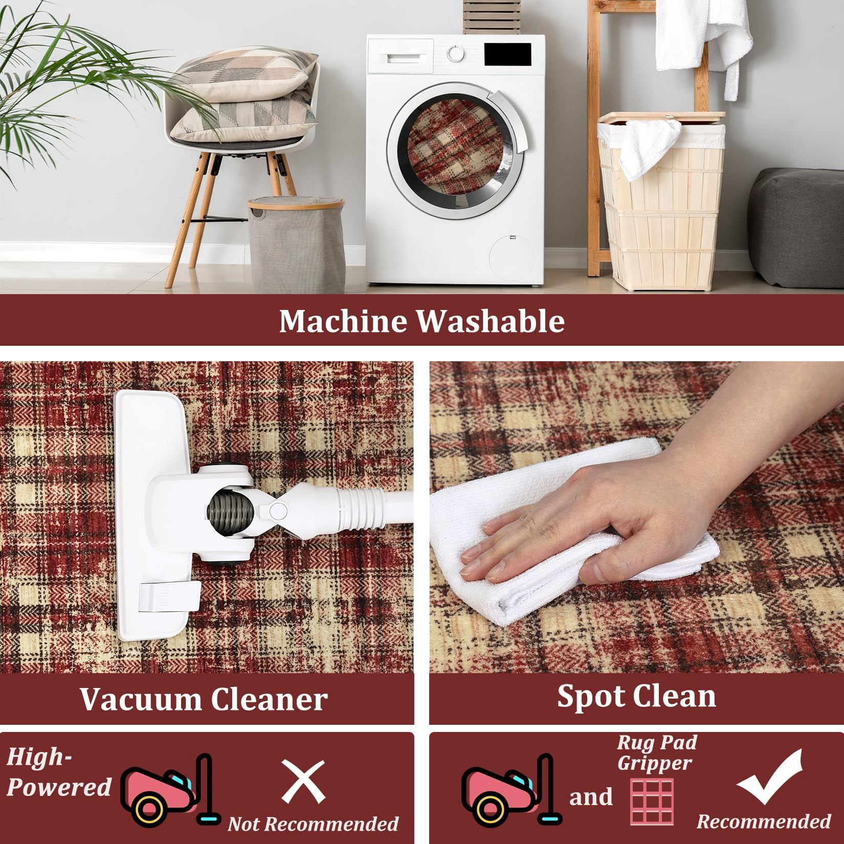 9'x12' Washable Tartan Plaid Area Rug, Non Slip Non Shedding Stain Resistant Soft Pearl Velvet Indoor Rug, Luxury Plaid Floor Mat for Living Room Bedroom Nursery Office, Red