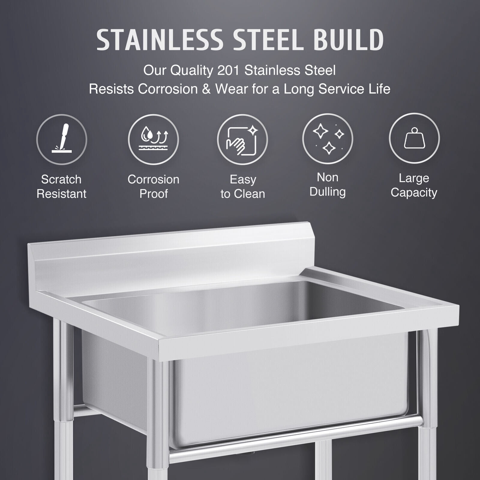 FETCOI Commercial Kitchen Sink Stainless Steel Catering Dishwash Bowl Basin Unit Table