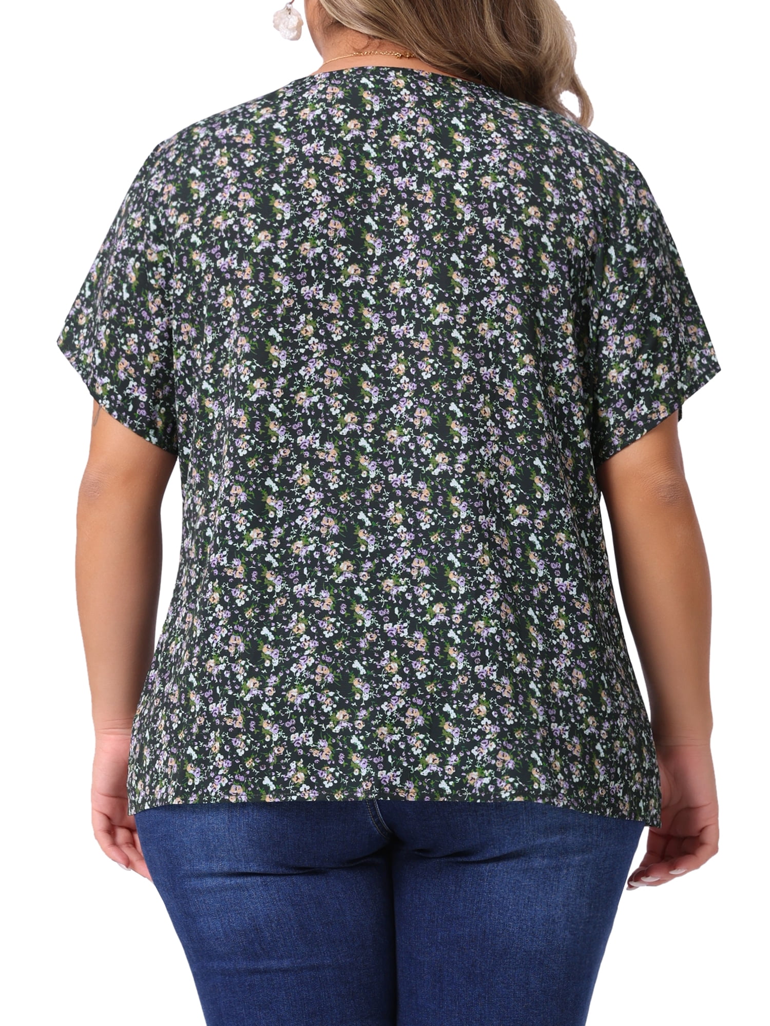 Unique Bargains Women's Plus Size V Neck Button Short Sleeve Floral Shirts 2X Black Purple