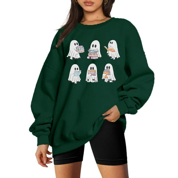 KimSoong Halloween Sweatshirts for Women Ghost Reading Books Sweater Cute Spooky Bookish Shirt Fall Pullover Tops