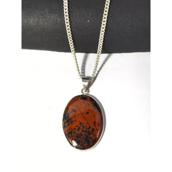 ROYALGEMSTONE Natural Mahogany Obsidian Oval Pendant Necklace, Sterling Silver Chain Mahogany