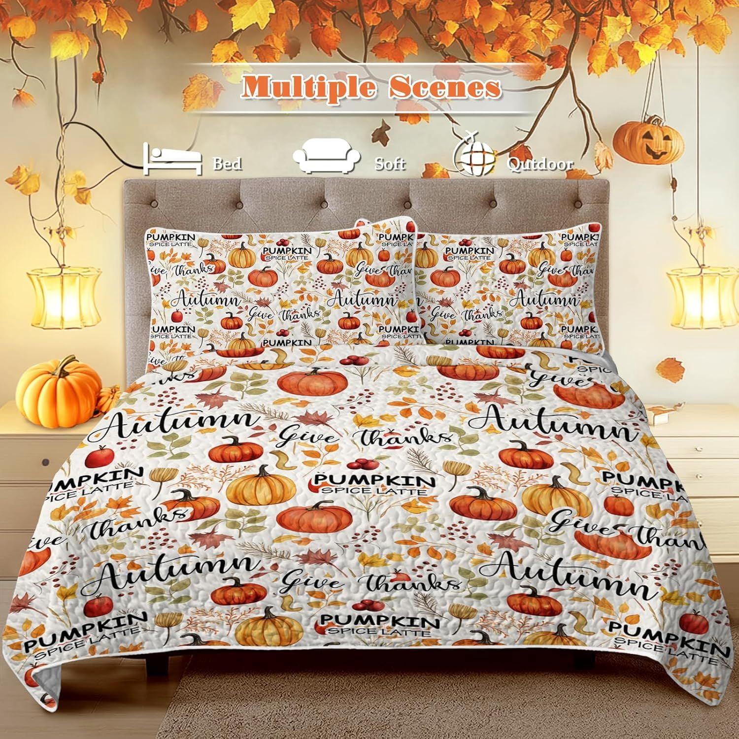 Halloween Quilt Set 1 Quilt + 2 Pillow Shams Soft Microfiber Bedding with Witch Pattern