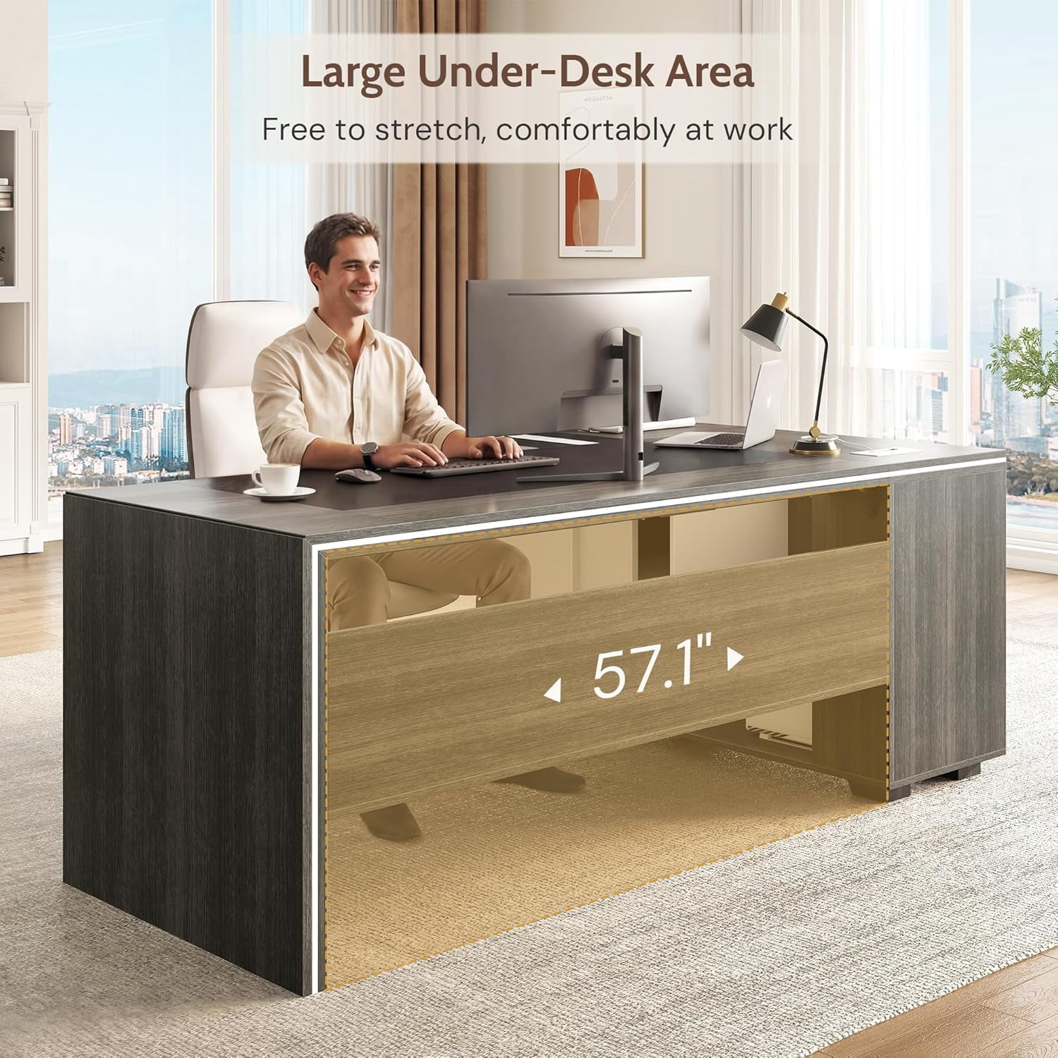 Vividwood L-Shaped Executive Desk with Cabinet Storage, 71" Office Computer Desk with Storage Shelves, CPU Stand, Cable Management (Gray)