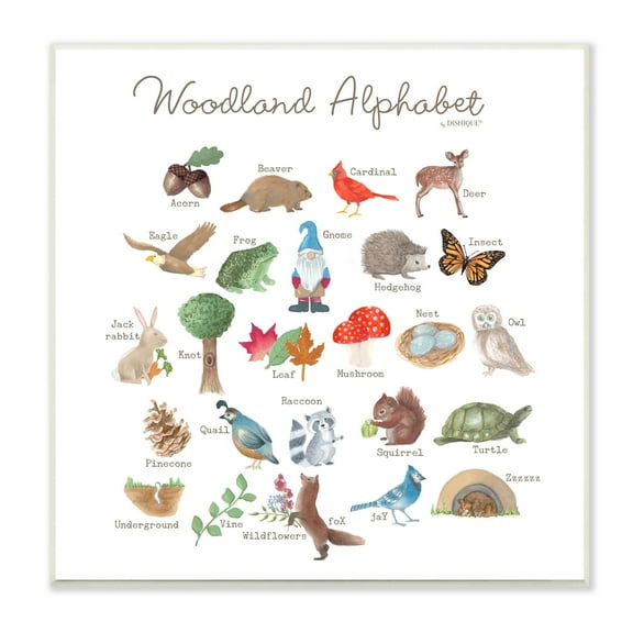 Stupell Industries Woodland Alphabet Wildlife Botanicals Learning Forest Creatures Graphic Art Unframed Art Print Wall Art, Design by Dishique