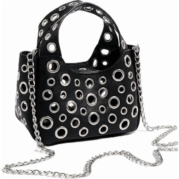 Wynndora Women's Top‑Handle Handbag, Punk Hollow Eyelet with Detachable Chain, Black