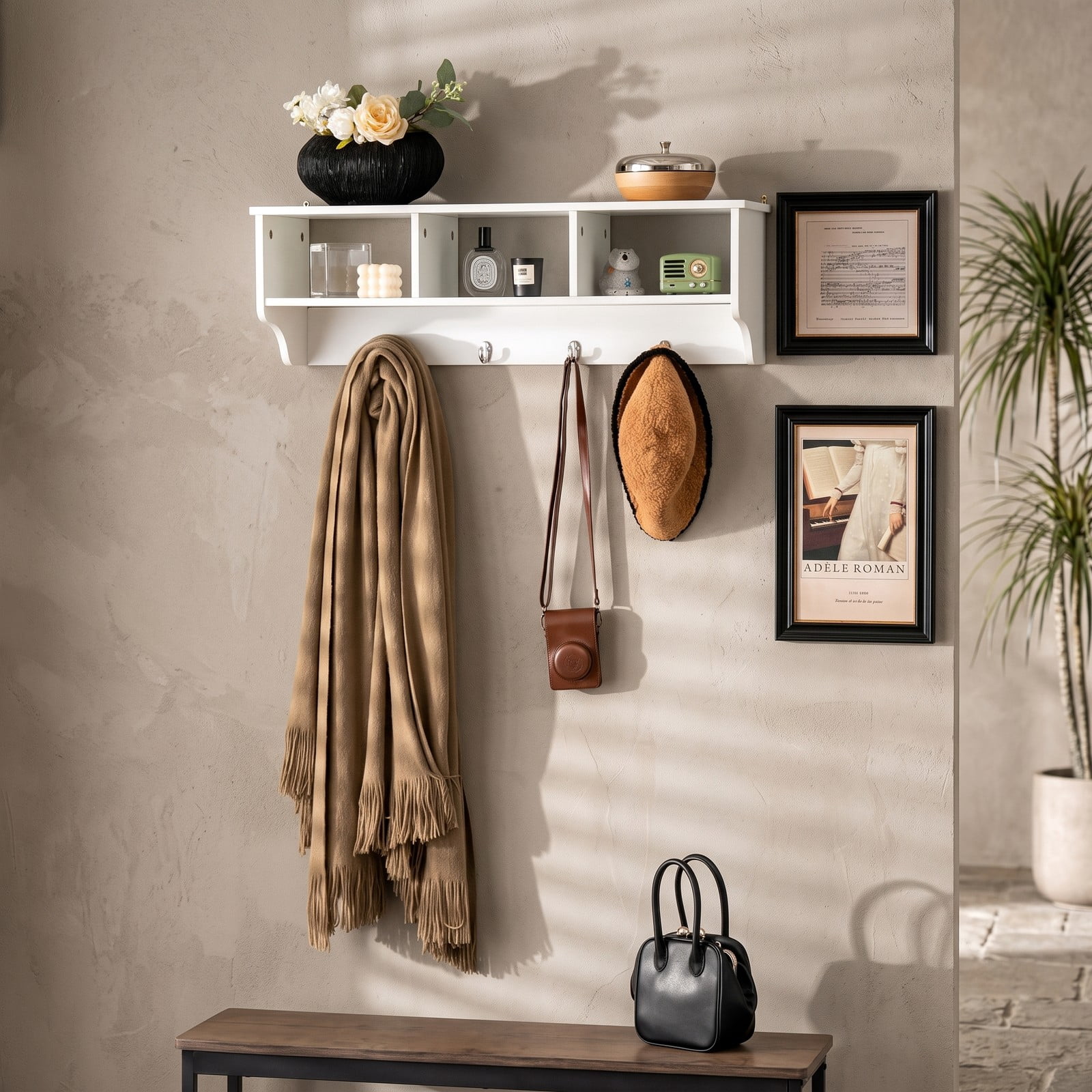 Furnibear Wall Mounted Coat and Hat Rack with Cubby Storage Shelf and 4 Hooks for Entryway Living Room and Bathroom, White