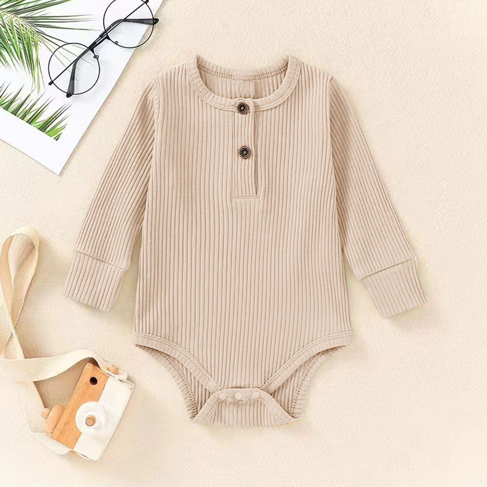 XUNKUSGA Baby Onesies Comfortable Long Sleeved Crew Neck Bodysuit Solid Color Ribbed Newborn Jumpsuit Soft Cotton Unisex Baby Clothes 0-18 Months