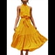 thumbnail image 2 of Vestido Bohemio de Verano para Mujer, Sin Mangas, con Estampado de Lunares, Cuello Halter, Volantes, Dobladillo y Cinturón Amarillo XL, 2 of 10