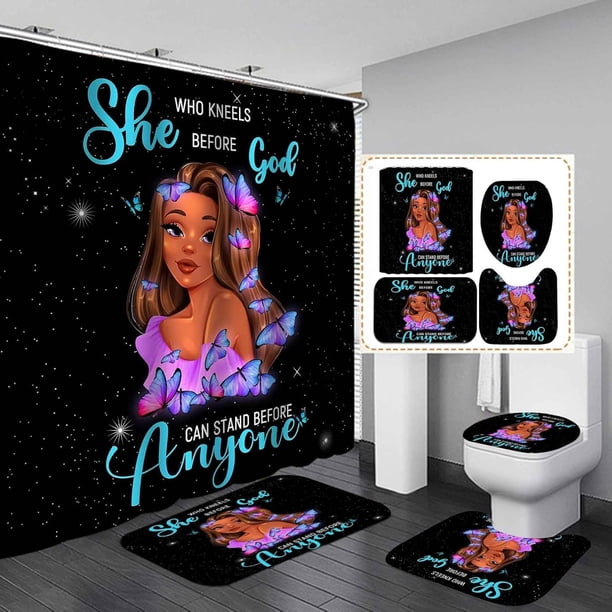 Juego de 4 cortinas de ducha para niña negra, diseño de mariposas azules y moradas con motivos afroamericanos, decoración de baño para mujer negra afroamericana, cortina de ducha de tela impermeable,