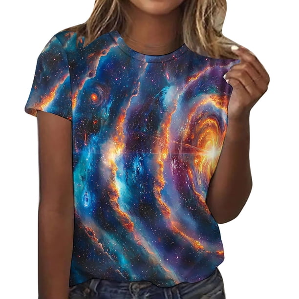 Blusas para las Mujeres Casual de Manga Corta Cuello Redondo Estampado de Poliéster Blusa, Top de Moda para la Primavera Verano Diario Y Fiesta