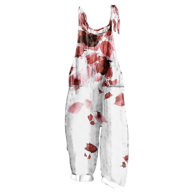 yoeyez Rompers for Women Summer,Ladies Print Summer Plus Size Long Jumpsuits Sleeveless Adjustable Straps Backless Overalls Jumpsuits With Pockets Red,L