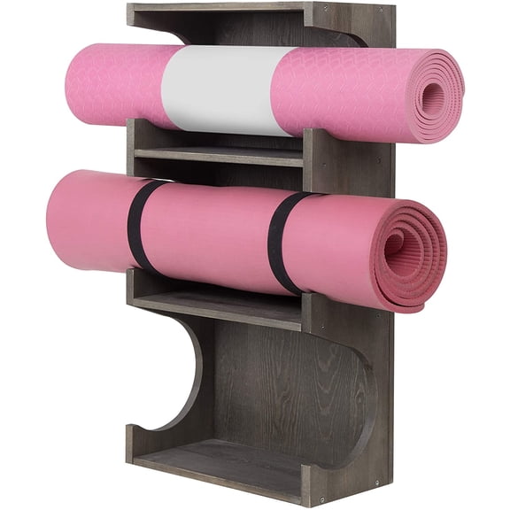 MyGift Wall-Mounted Vintage Gray Wood 3-Tier Yoga and Barre Mats Storage Rack