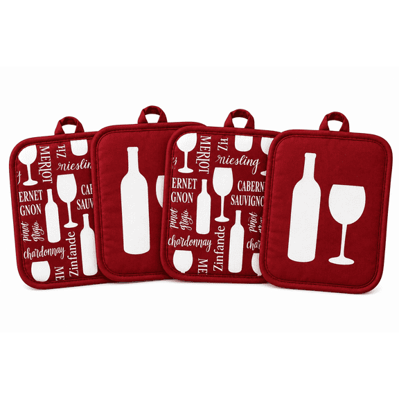 Wine Potholders Set of 4 Cotton Heat Resistant Hot Pads 7x7 Inch Red Kitchen Decor Quilted Hanging Loop