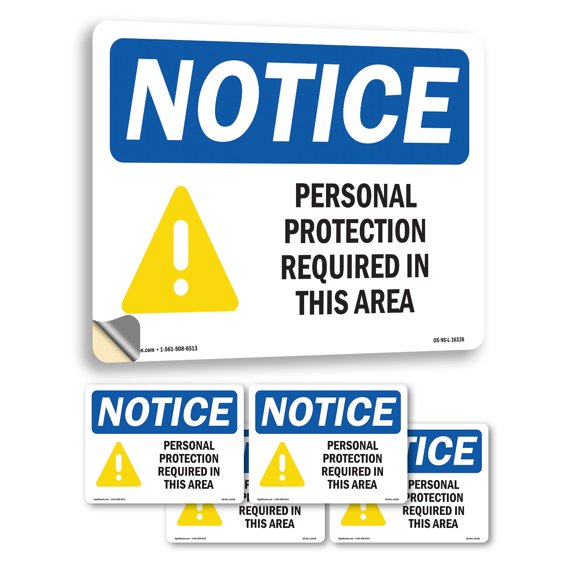 Personal Protection Required In This Area OSHA Notice Vinyl Decal Label 7 Inch x 5 Inch - 5 Pack